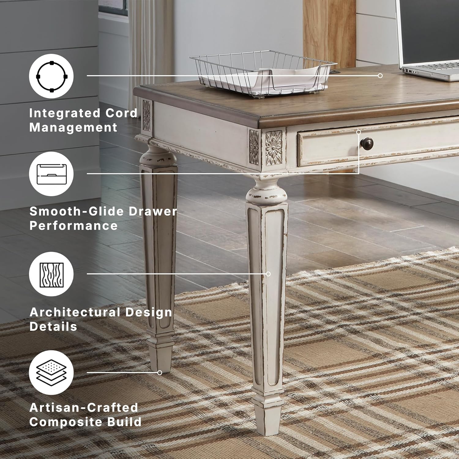Signature Design by Ashley Realyn Farmhouse Home Office Desk, 2 Drawers, Drop-down Drawer, USB Charging, Wood, 60' W x 28' D x 31' H, Chipped White and Brown