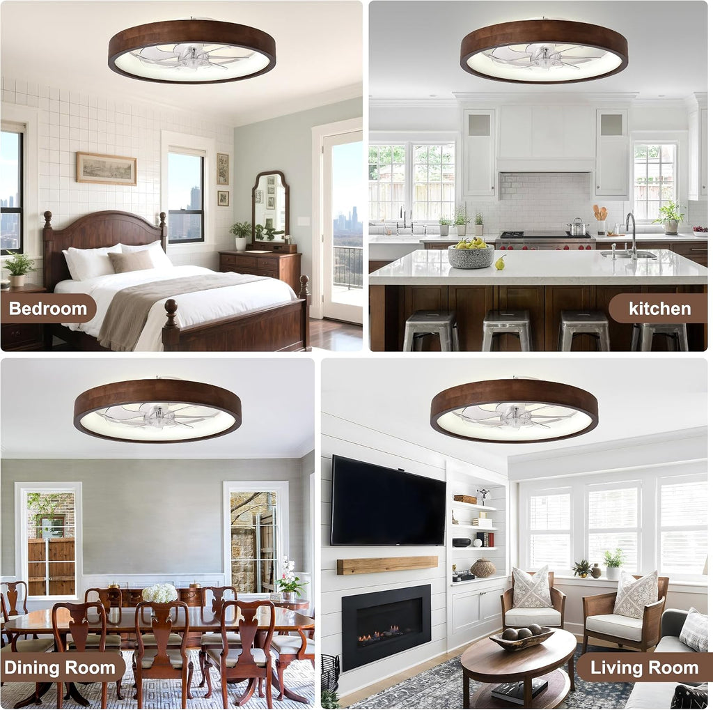 20' Ceiling Fans with Lights,3 Color Dimmable LED,6 Speeds,Reversible Modern Dark Wooden Flush Mount Low Profile Ceiling Fans with Lights and Remote for Bedroom/Kidsroom/Dinng Room