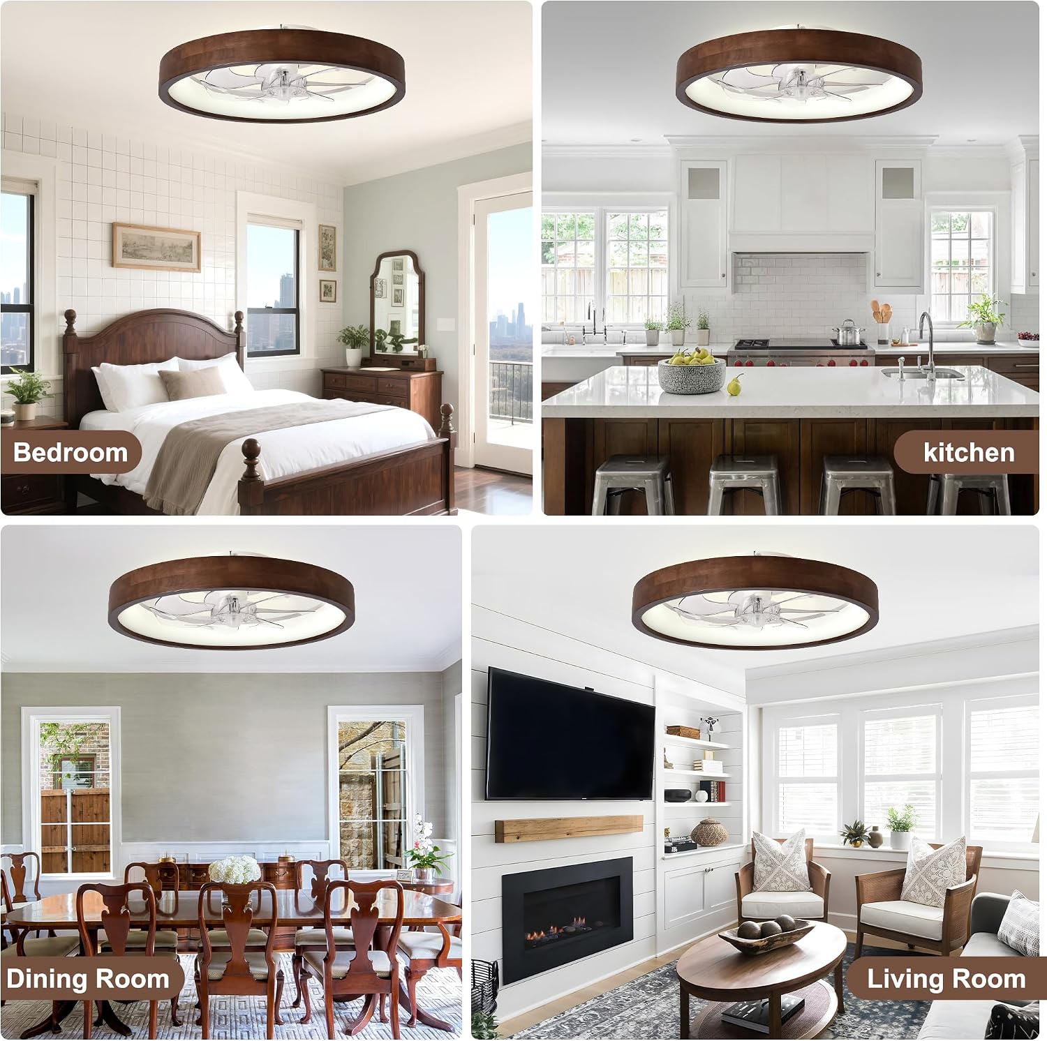 20' Ceiling Fans with Lights,3 Color Dimmable LED,6 Speeds,Reversible Modern Dark Wooden Flush Mount Low Profile Ceiling Fans with Lights and Remote for Bedroom/Kidsroom/Dinng Room