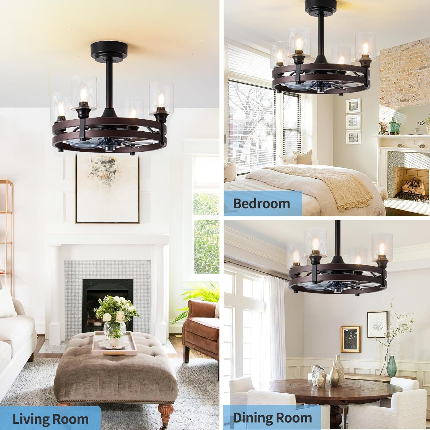 Caged Ceiling Fan with Light, 21' Farmhouse Ceiling Fan with Light for Bedroom/Kitchen/Dining/Room, Black Ceiling Fan with Lights Remote Control, DC Motor, Four LED Lights, Indoor, Bronze