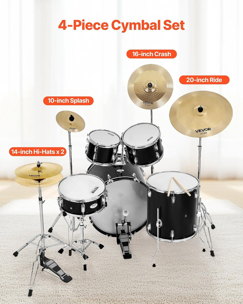 VEVOR Cymbal Pack, 4 Pieces Cymbals for Drum Set, Alloy Cymbals Drum Set Includes 14-inch Hi-Hats, 16-inch Crash, 20-inch Ride, 10-inch Splash, Drumsticks & Cymbal Bag, Alloy Cymbal Pack for Drummer