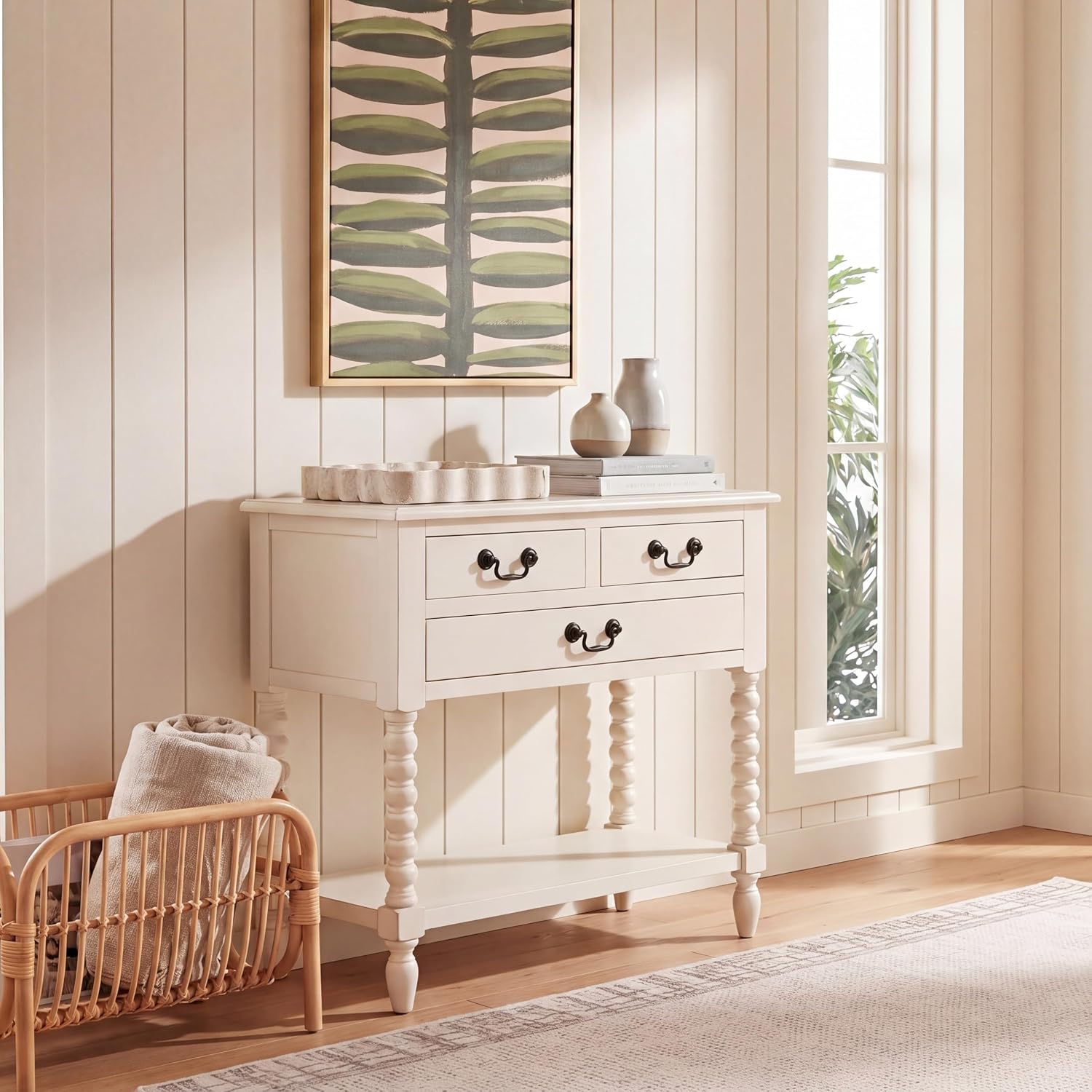 SAFAVIEH Furniture - Athena 3-Drawer Console Table - Distressed White - Solid Wood - Farmhouse Classic Design - Ideal for Entryway, Living Room, Hallway, 23.5' W x 13' D x 29.5' H (CNS5703A)