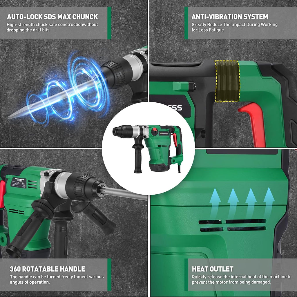 SDS Max Rotary Hammer Drill, 1-1/2 Inch 13 Amp Heavy and Duty Corded Concrete Demolition Hammer with 3 Functions, 6 Variable Speed, Safety Clutch, Vibration Control, 2 Chisels