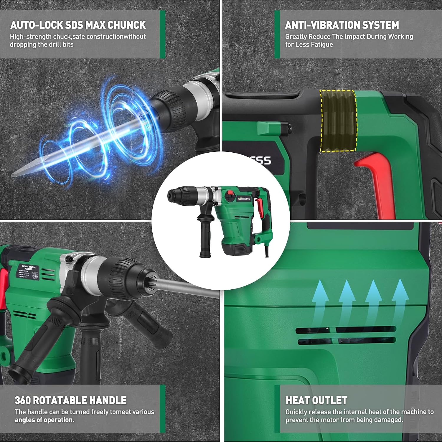 SDS Max Rotary Hammer Drill, 1-1/2 Inch 13 Amp Heavy and Duty Corded Concrete Demolition Hammer with 3 Functions, 6 Variable Speed, Safety Clutch, Vibration Control, 2 Chisels