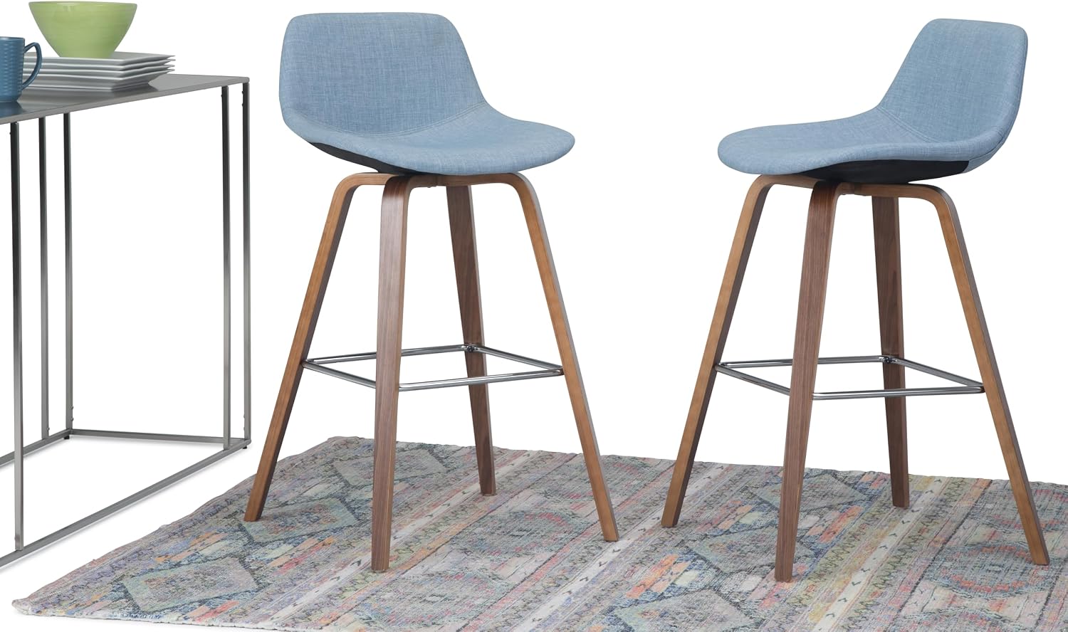 SIMPLIHOME Randolph Mid Century Modern 28 inch Bentwood Counter/ Bar Height Stool (Set of 2) in Denim Grey Linen Look Fabric for the Dining Room and Kitchen