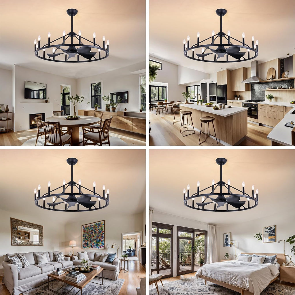 Farmhouse Chandelier Ceiling Fan with Light and Remote, 16-Lights Large Wagon Wheel Fandelier with Candle for Living Room,Rustic Black Fan with Big Light Fixture for Loft