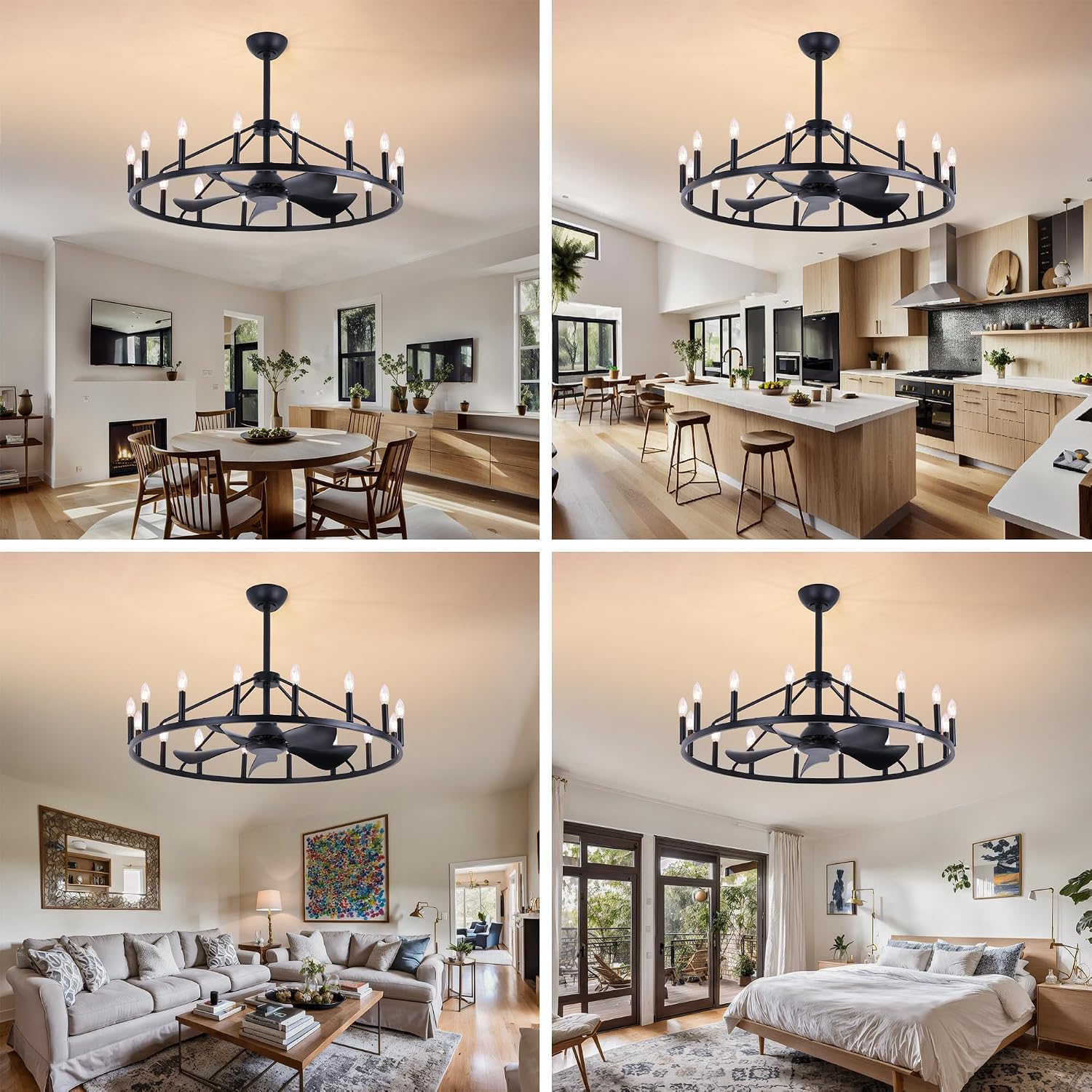 Farmhouse Chandelier Ceiling Fan with Light and Remote, 16-Lights Large Wagon Wheel Fandelier with Candle for Living Room,Rustic Black Fan with Big Light Fixture for Loft