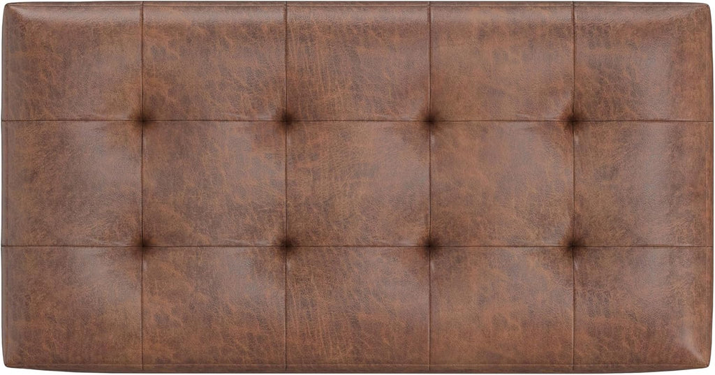 SIMPLIHOME Cosmopolitan Storage Ottoman - 34 inch Wide Upholstered Vegan Leather Rectangle Storage Ottoman Bench in Distressed Saddle Brown, Transitional Tufted Ottoman for Entryway with Lift-Up Lid