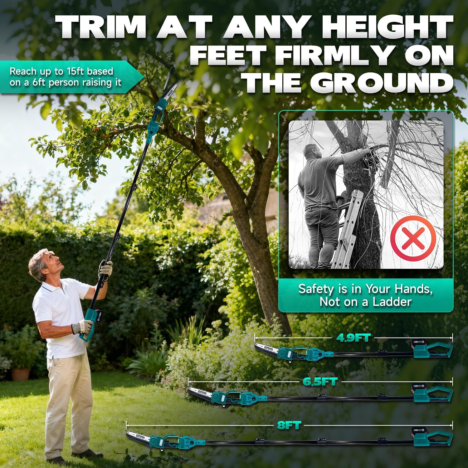 2-in-1 Cordless Pole Saw & 8'' Mini Chainsaw with Extension Pole for Tree Trimming,Electric Pole Chainsaw for Tree Branches with 2x4.0Ah Batteries, Auto Lubrication,Max15Ft Reach,Ideal Gift for Men.