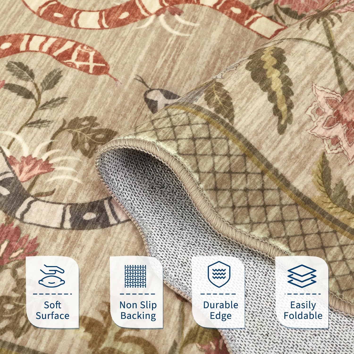 Garvee Washable 9x12 Area Rugs for Living Room Non Slip Botanical Snake Rugs for Bedroom, Boho Scalloped Stain-Resistant Dining Room Rug for Under Table Carpet for Home Office Playroom Farmhouse,Brown