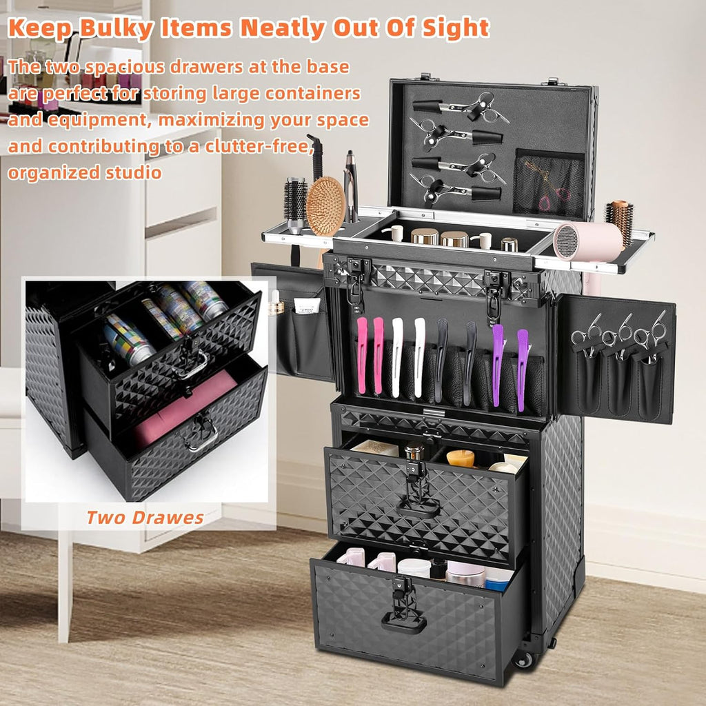 Rolling Makeup Suitcase with 2 Drawers, Lockable Nail Salon Cart Makeup Train Case Cosmetic Luggage for Beauty, Cosmetology Case on Wheels Trolley Cart for Manicure Hairstylist