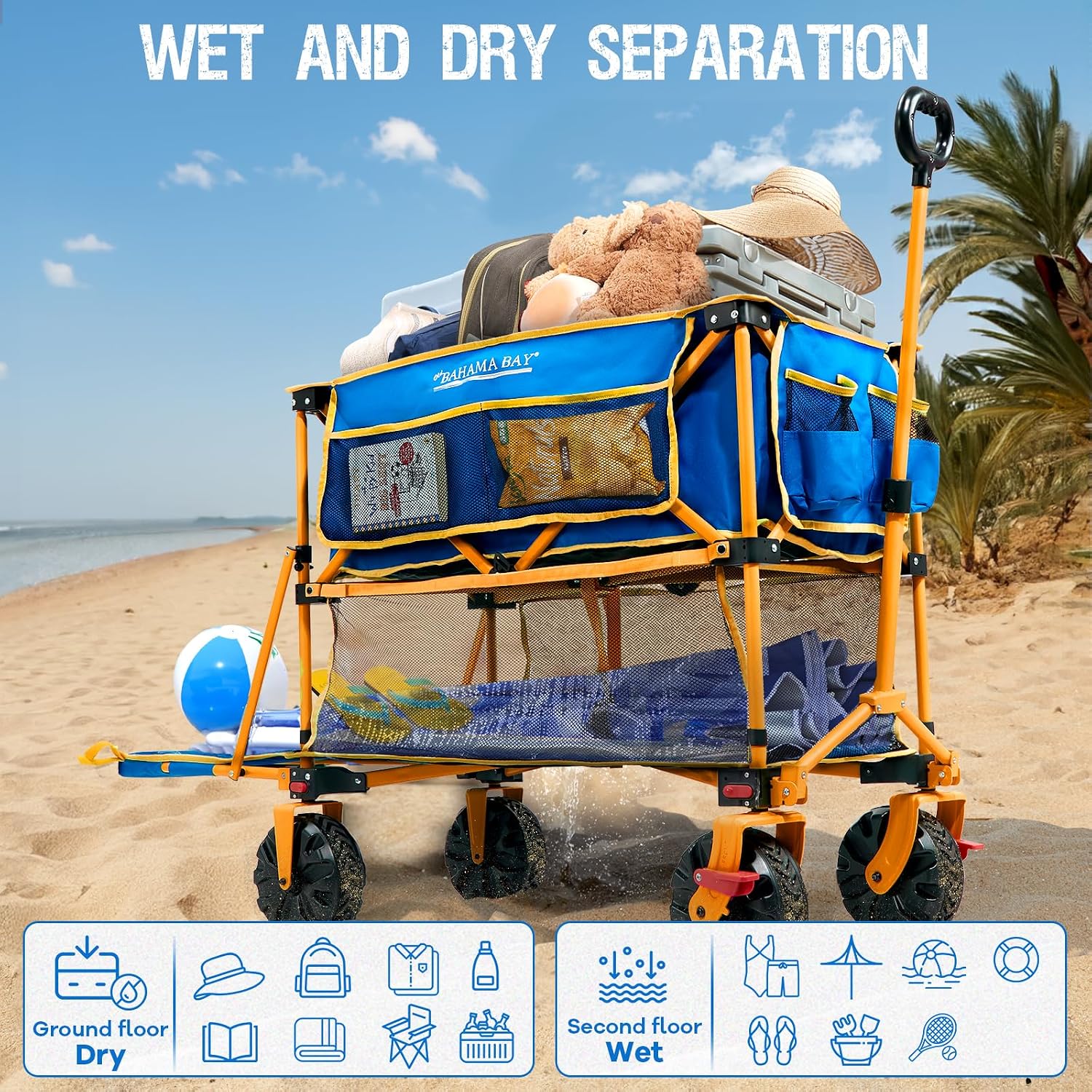 Old Bahama Bay 400L Collapsible Double Decker Beach Wagon with Brakes, Folding Beach Cart with 54' Extra Long Decker, 450LBS Heavy Duty Wagon Chart with All-Terrain Big Wheels for Sand Camping Garden