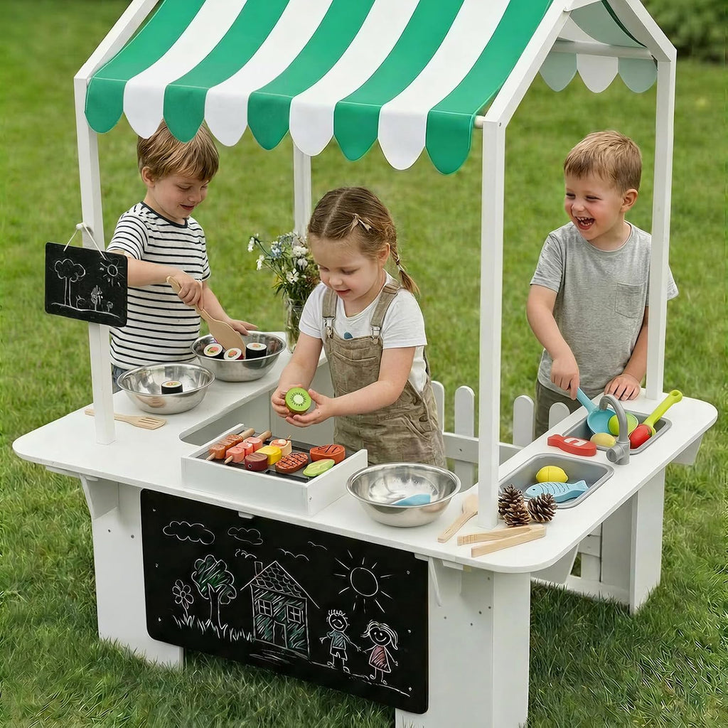 EDUBEBO Kids Outdoor Playhouse, Mud Kitchen, BBQ Toys,Outdoor playsets, Ideal Role Play Toy Gift for Toddlers and Kids Ages 3-8 (White)
