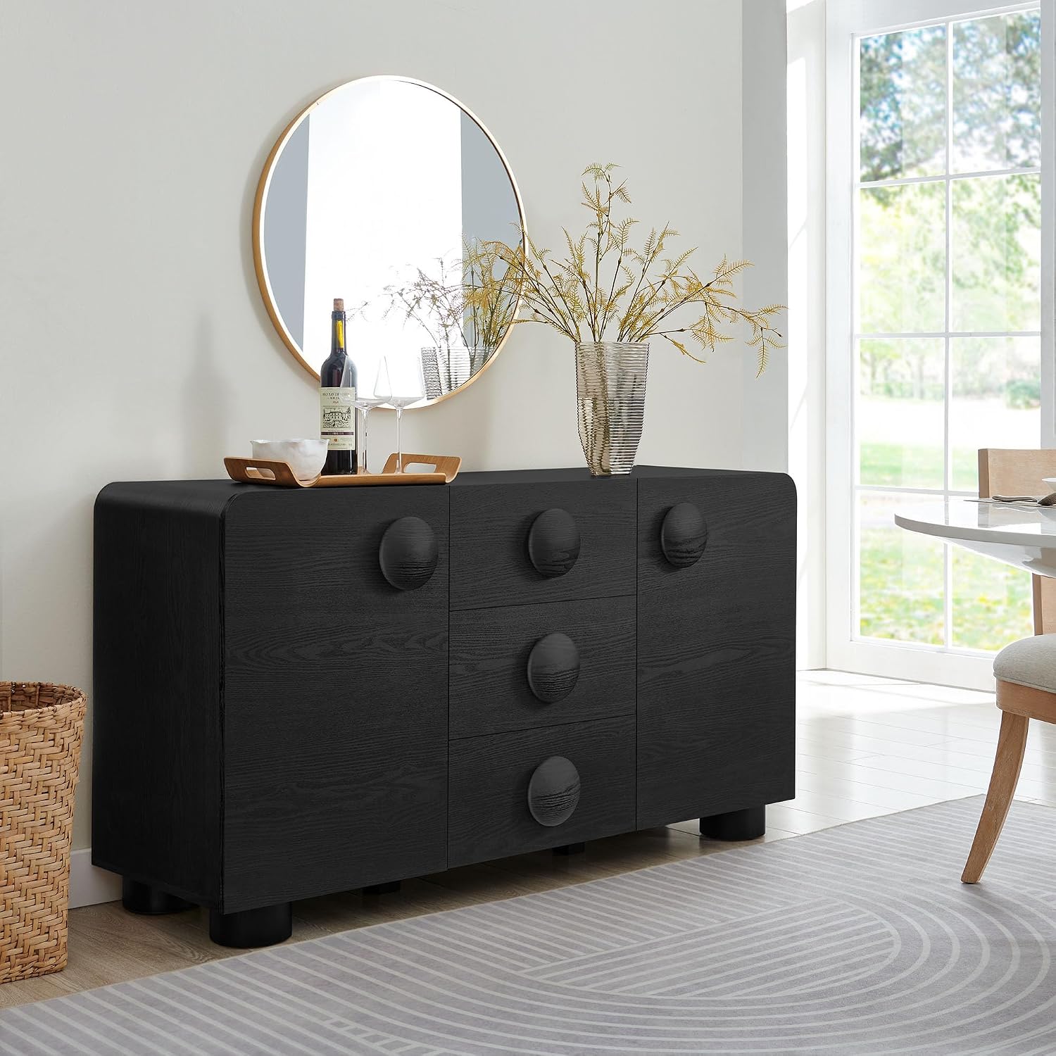 Modway Sonnet Retro Curved Sideboard in Black – 57 Inch Modern Buffet Cabinet with Circle Knobs – Credenza Cabinet with 3 Drawers – TV Stand Media Cabinet for Living Room, Home Office, Lounge Area