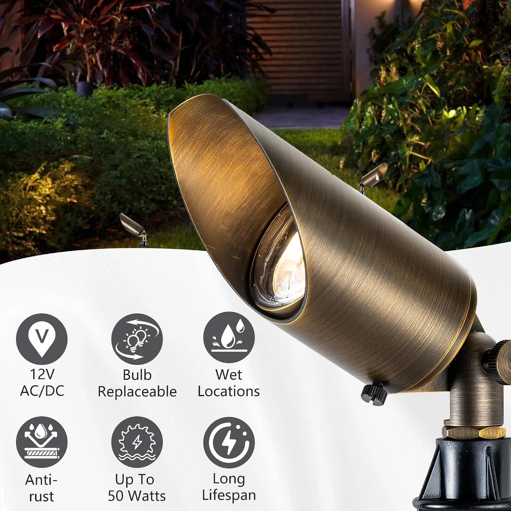 LumStory Brass Low Voltage Landscape Spotlight 12V Bronze Waterproof Shroud Adjustable Outdoor Landscape Lighting, with MR16 LED Bulb 5W 3000K, 4-Pack
