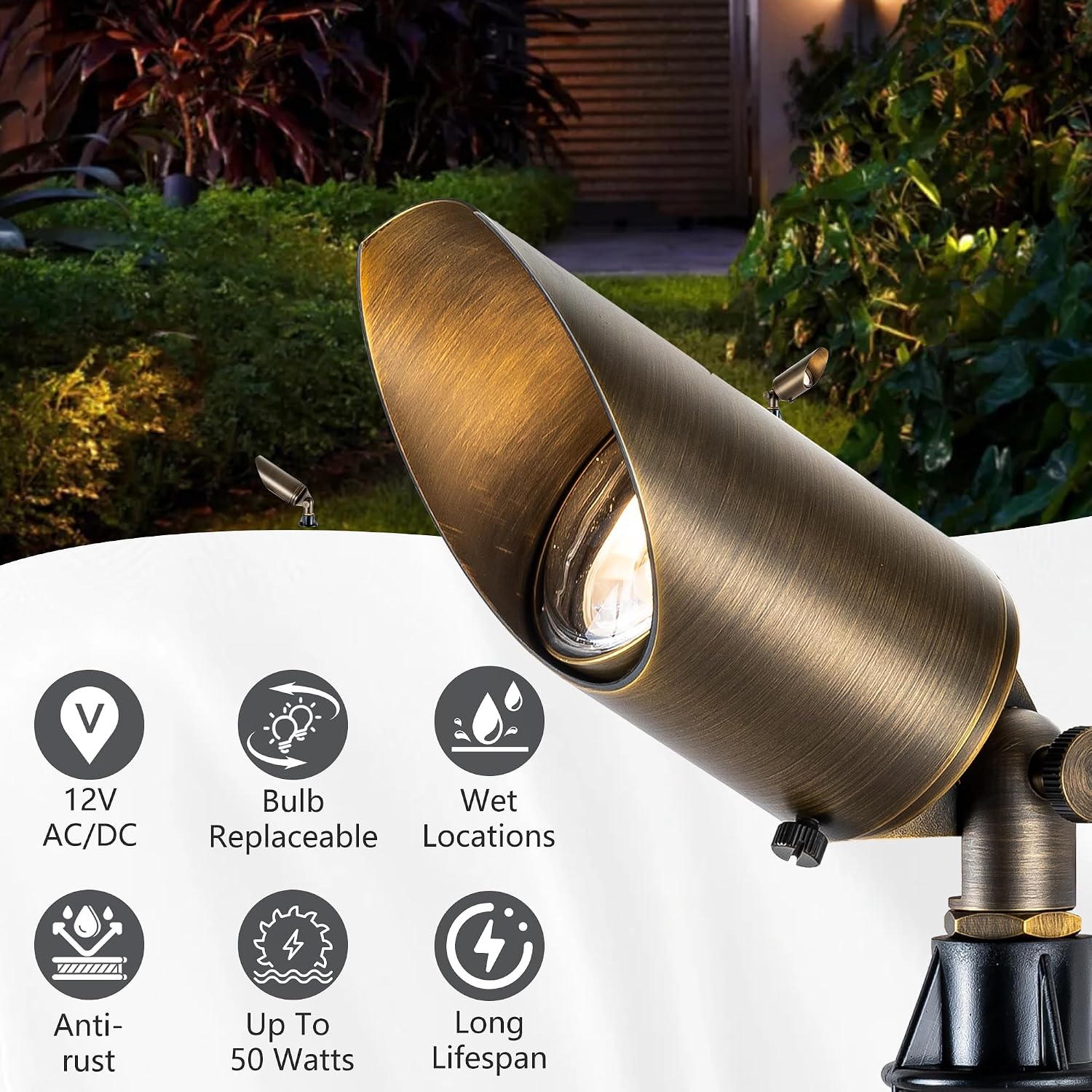 LumStory Brass Low Voltage Landscape Spotlight 12V Bronze Waterproof Shroud Adjustable Outdoor Landscape Lighting, with MR16 LED Bulb 5W 3000K, 4-Pack