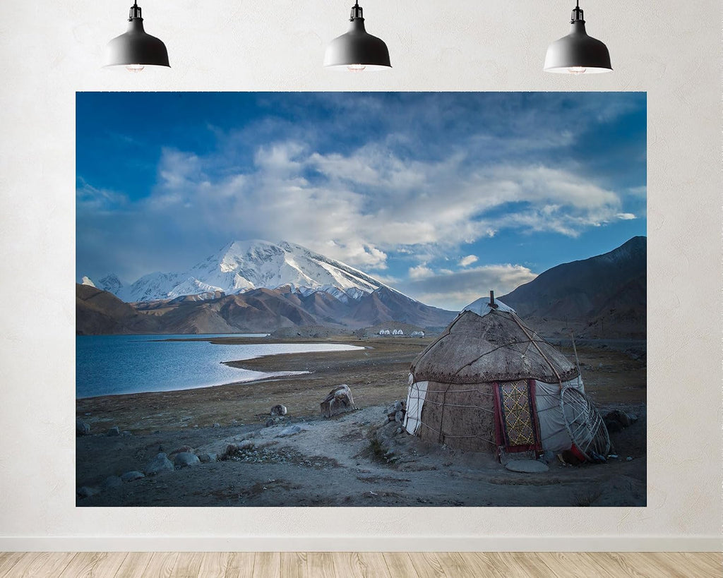 Trykid 20x10ft Highland Lake Snow Mountain Backdrop Scenic Yurt Village Open Prairie Clear Sky Photography Background Outdoor Adventure Party Decoration Photo Booth Prop Fabric