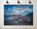 Trykid 20x10ft Highland Lake Snow Mountain Backdrop Scenic Yurt Village Open Prairie Clear Sky Photography Background Outdoor Adventure Party Decoration Photo Booth Prop Fabric