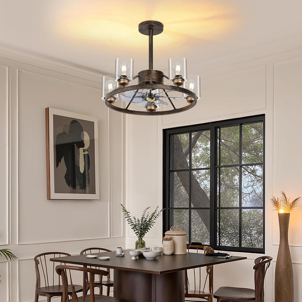 24' Ceiling Fans with Lights Wagon Wheel Chandelier, Farmhouse Fandelier Classical Black Fans with Glass Lampshade Light Fixture, 6 Speed, Timing, Adjustable Height for Dining Room Living Room