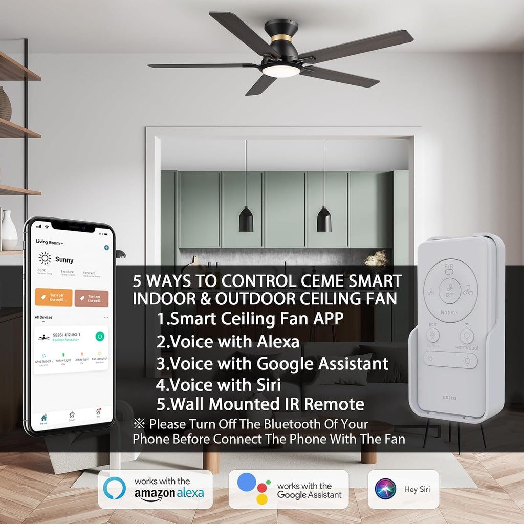 CEME 52 Inch Ceiling Fan With DC Motor, 10 Speeds, Dimmable LED Light, Smart Remote, APP, Alexa, Siri & Google Home, Dark Walnut Gold