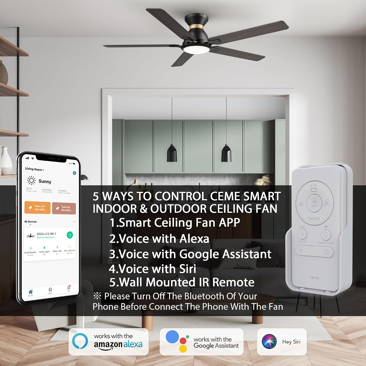 CEME 52 Inch Ceiling Fan With DC Motor, 10 Speeds, Dimmable LED Light, Smart Remote, APP, Alexa, Siri & Google Home, Dark Walnut Gold