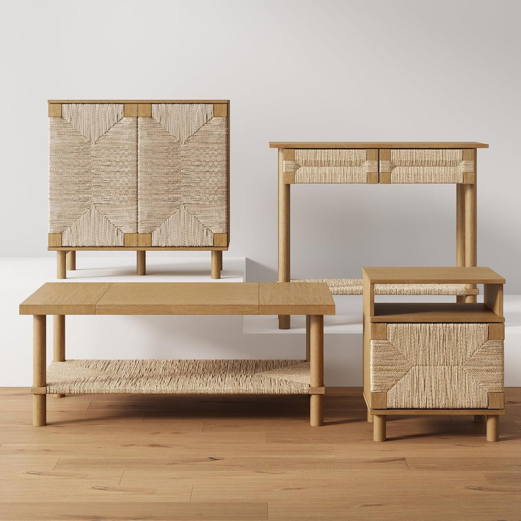 Nathan James Beacon Wooden Sofa Console Table with Drawers, Bohemian Entryway Accent, Hallway Furniture with Seagrass Shelf, Light Brown, Set of 2