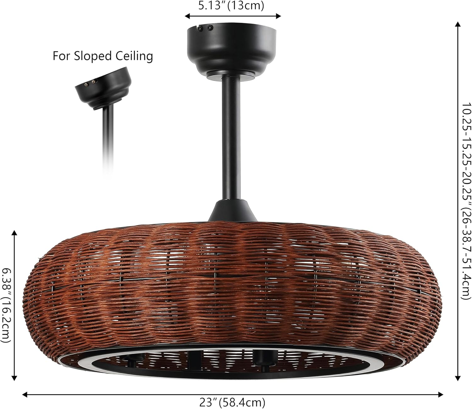 JONATHAN Y 23' Black 6-Light Modern Bohemian Ceiling Fan with Lights, 6-Speed Remote and App Control, Height Adjustable LED Lantern with Dark Brown Rattan Shade for Living Room JYL9728A