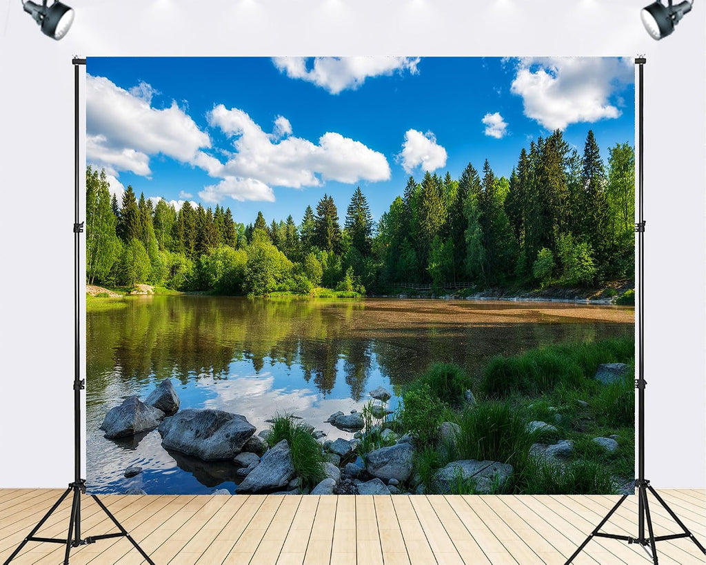 Trykid 20x10ft Forest Lake Clear Sky Rocks Backdrop Serene Natural Landscape Photography Background Outdoor Adventure Event Party Decoration Photo Booth Prop Fabric