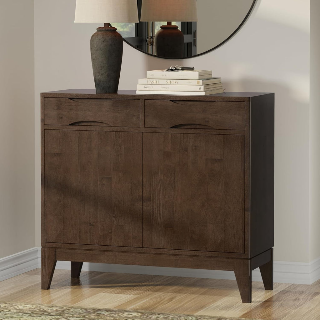 SIMPLIHOME Harper Storage Cabinet - 40 inch Wide Solid Wood Medium Storage Cabinet in Walnut Brown, Mid-Century Modern Cupboard for Entryway or Dining Room with Drawers, Tapered Legs, and Shelves