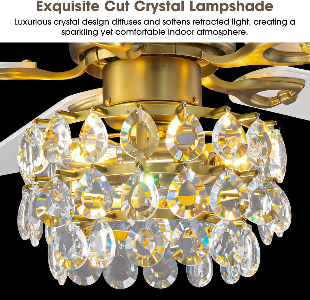 Parrot Uncle Crystal Ceiling Fan,48 Inch Gold Fandelier Chandelier Ceiling Fan with Remote,Low Profile Flush Mount,5 Reversible Blades, 3 Timers, Indoor Vintage Fandelier for Dining Room,Bedroom