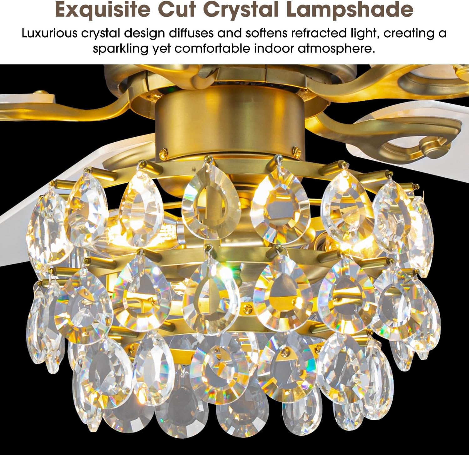 Parrot Uncle Crystal Ceiling Fan,48 Inch Gold Fandelier Chandelier Ceiling Fan with Remote,Low Profile Flush Mount,5 Reversible Blades, 3 Timers, Indoor Vintage Fandelier for Dining Room,Bedroom