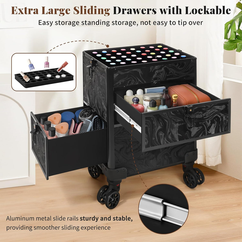 AROUS Rolling Makeup Case with 3 Drawers, Cosmetology Case on Wheels 5 IN 1 Makeup Train Case Make Up Organizer for Artist Salon Nail Teach Trunk,Ink Black