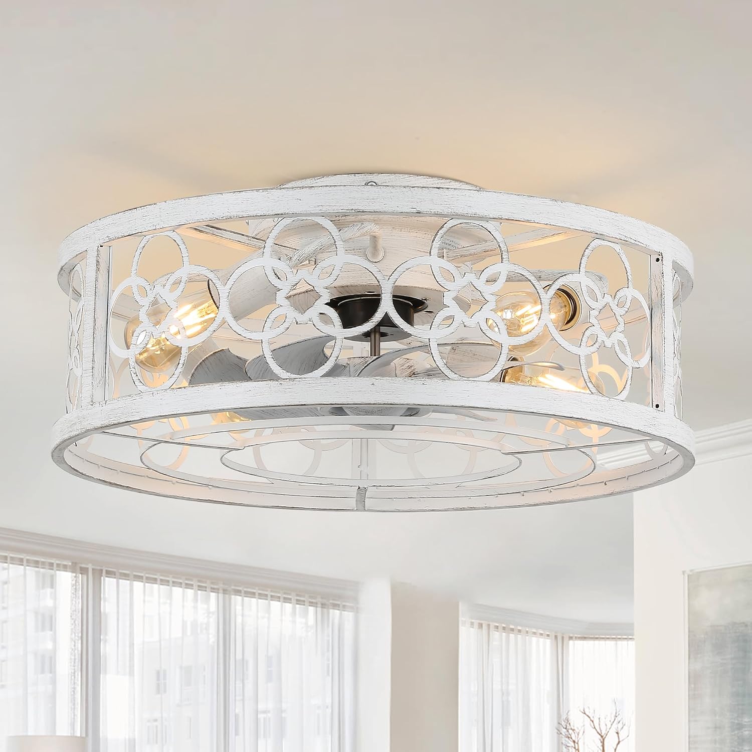 20' Caged Ceiling Fan with Light, Fandelier Ceiling Fan with Light, Low Profile Flush Mount for Bedroom, Living Room