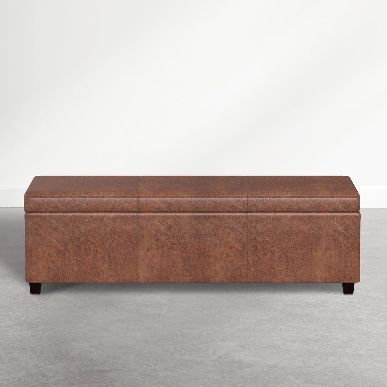 SIMPLIHOME Avalon Storage Ottoman Bench - 54 inch Wide Upholstered Vegan Leather Extra Large Rectangle Ottoman Bench in Distressed Pecan Brown, Contemporary Ottoman for Living Room with Lift-Up Lid