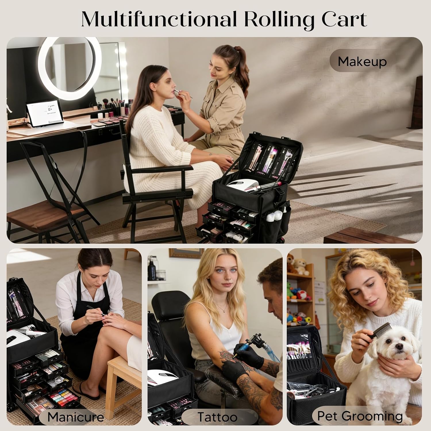 Costravio Travel Makeup Bag, Cosmetology Case on Wheels, 2 IN 1 Hair Tool Organizer, Rolling Nail Organizer Train Case, Large Cosmetic Trolley Suitcase for MUA/Hairstyling/Home-care/Groomer, Black
