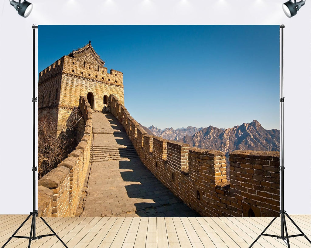 Trykid 20x10ft Ancient Fortification Watchtower Backdrop Mountainous Landscape Historic Stone Wall Clear Sky Photography Background Travel Adventure Party Decoration Photo Booth Prop Fabric