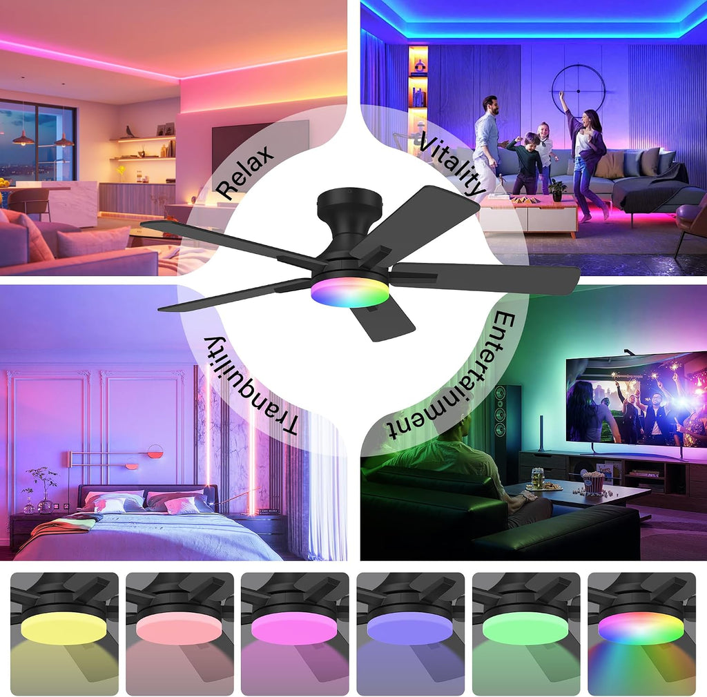 42 Inch Ceiling Fans with lights,RGB Low Profile Ceiling Fan with Light and Remote Control,APP,Black Flush Mount Ceiling Fans for Small Bedroom,Patio,Porch,Outdoor Indoor Use,5 Blades,Dimmable,Quiet