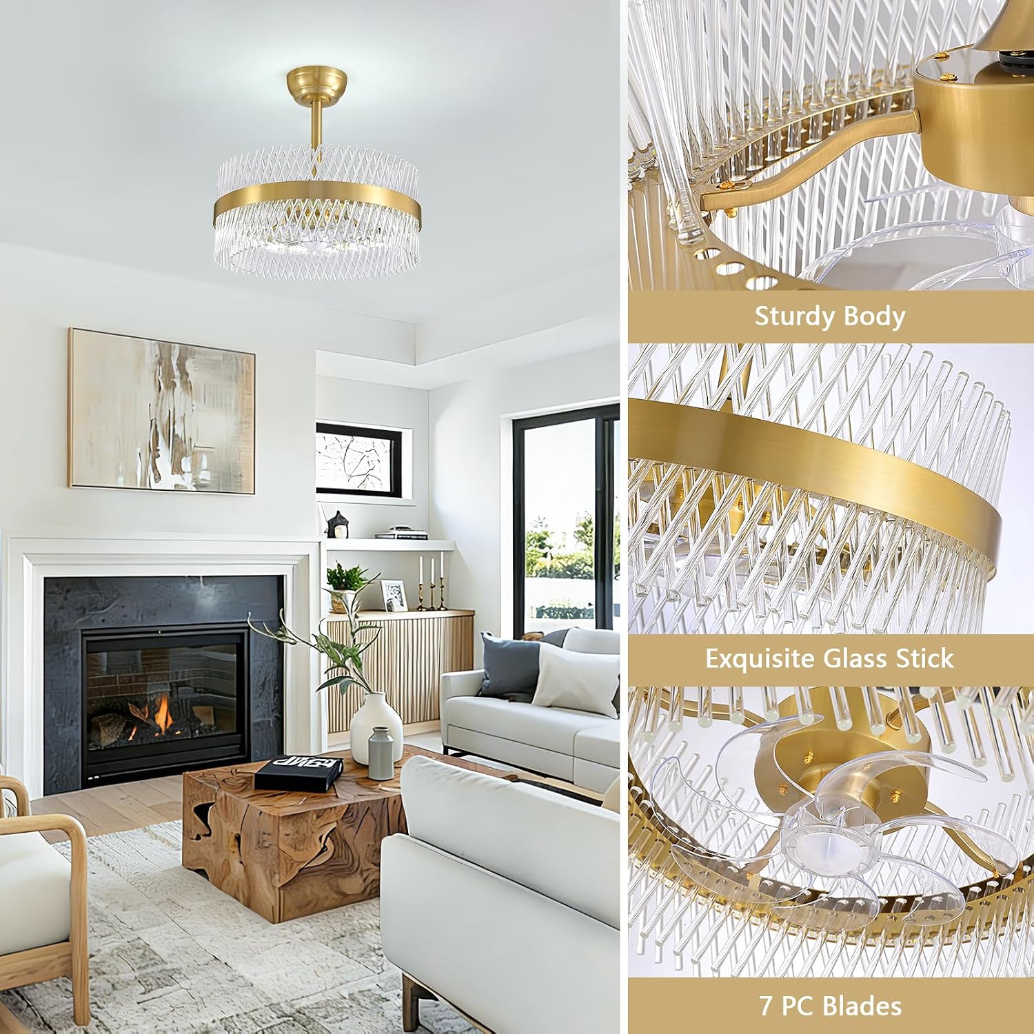 NOXARTE 20 Inch Fandelier Ceiling Fans with Light, Crystal Chandelier Fan, Gold Ceiling Fan with Remote, Modern Fandelier with 6 Reverse Speed, 3CCT, Dimmable, Timer for Bedroom,Living Room