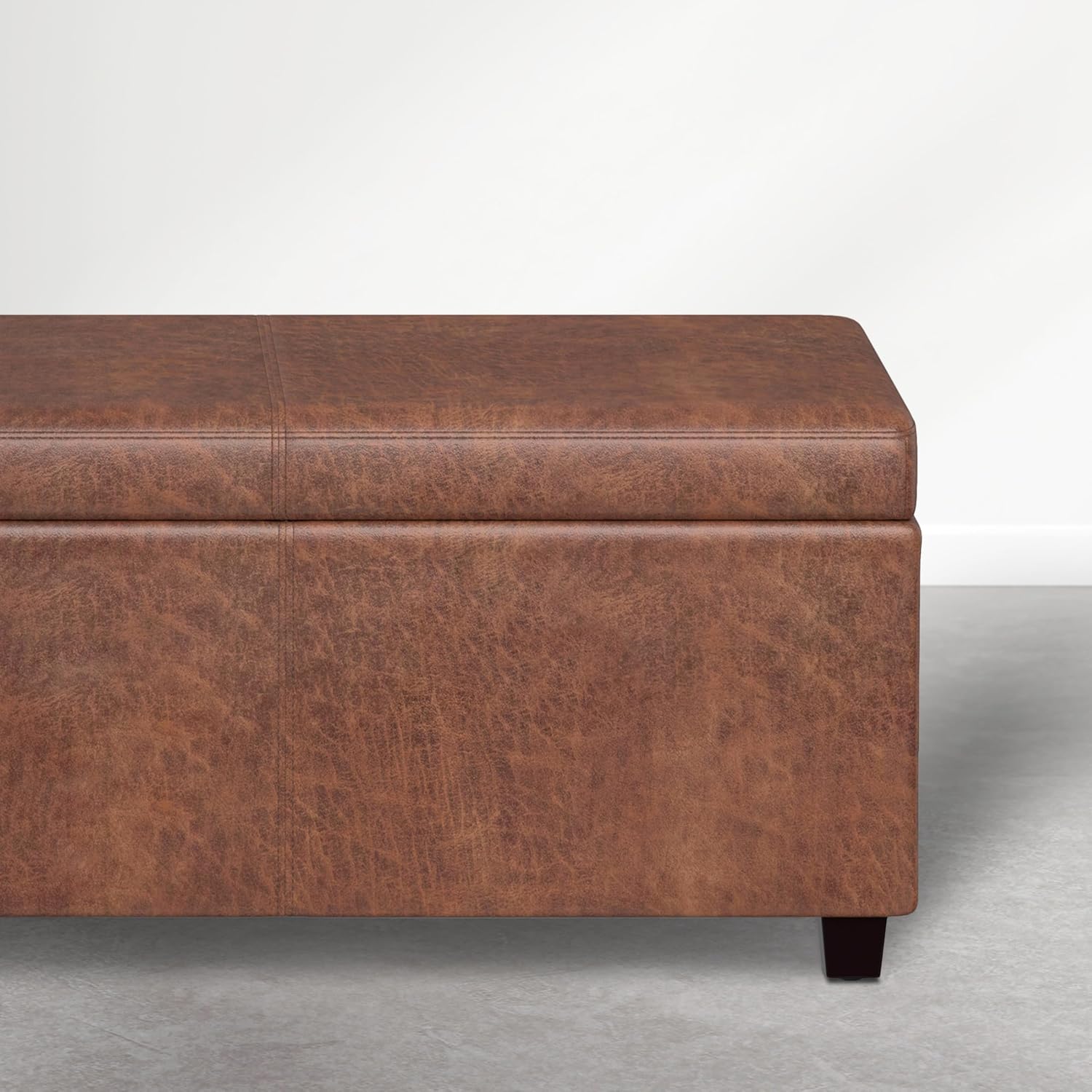 SIMPLIHOME Avalon Storage Ottoman Bench - 54 inch Wide Upholstered Vegan Leather Extra Large Rectangle Ottoman Bench in Distressed Pecan Brown, Contemporary Ottoman for Living Room with Lift-Up Lid
