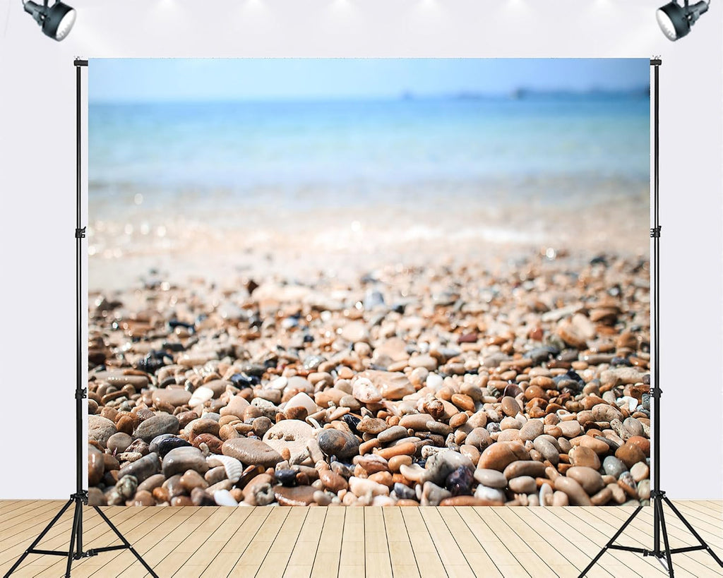 Trykid 20x10ft Pebble Beach Shoreline Backdrop with Clear Blue Water and Smooth Stones Photography Background Coastal Home Decor Beach Party Decoration Photo Booth Prop Fabric