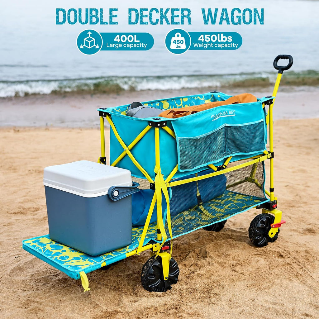 Old Bahama Bay 400L Collapsible Double Decker Beach Wagon with Brakes, Folding Beach Cart with 54' Extra Long Decker, 450LBS Heavy Duty Wagon Chart with All-Terrain Big Wheels for Sand Camping Garden