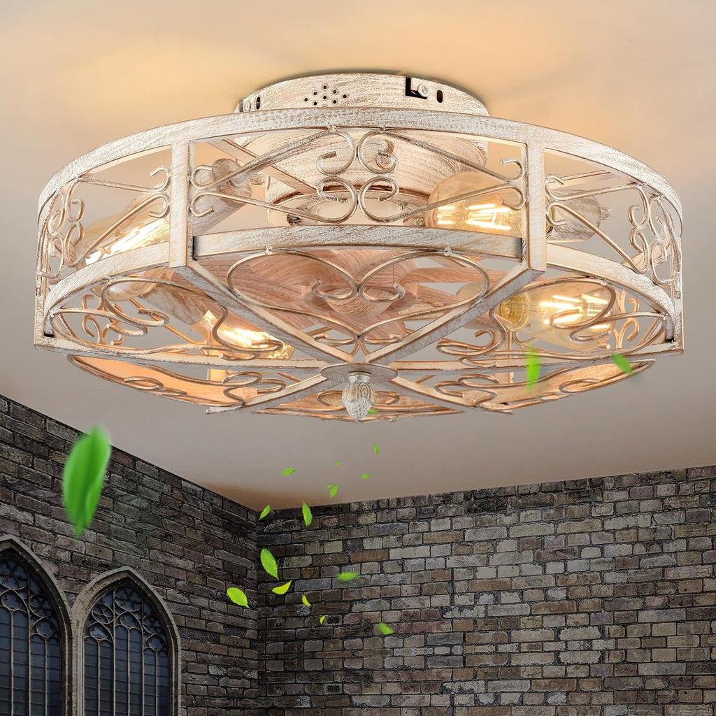 20' Caged Ceiling Fan with Light,Vintage Rustic Farmhouse Kitchen Decor,Bladeless Ceiling Fans with Lights and Remote,Low Profile Fan for Bedroom,Reversible 6 Speeds Motor,4 E26 Bulbs Included