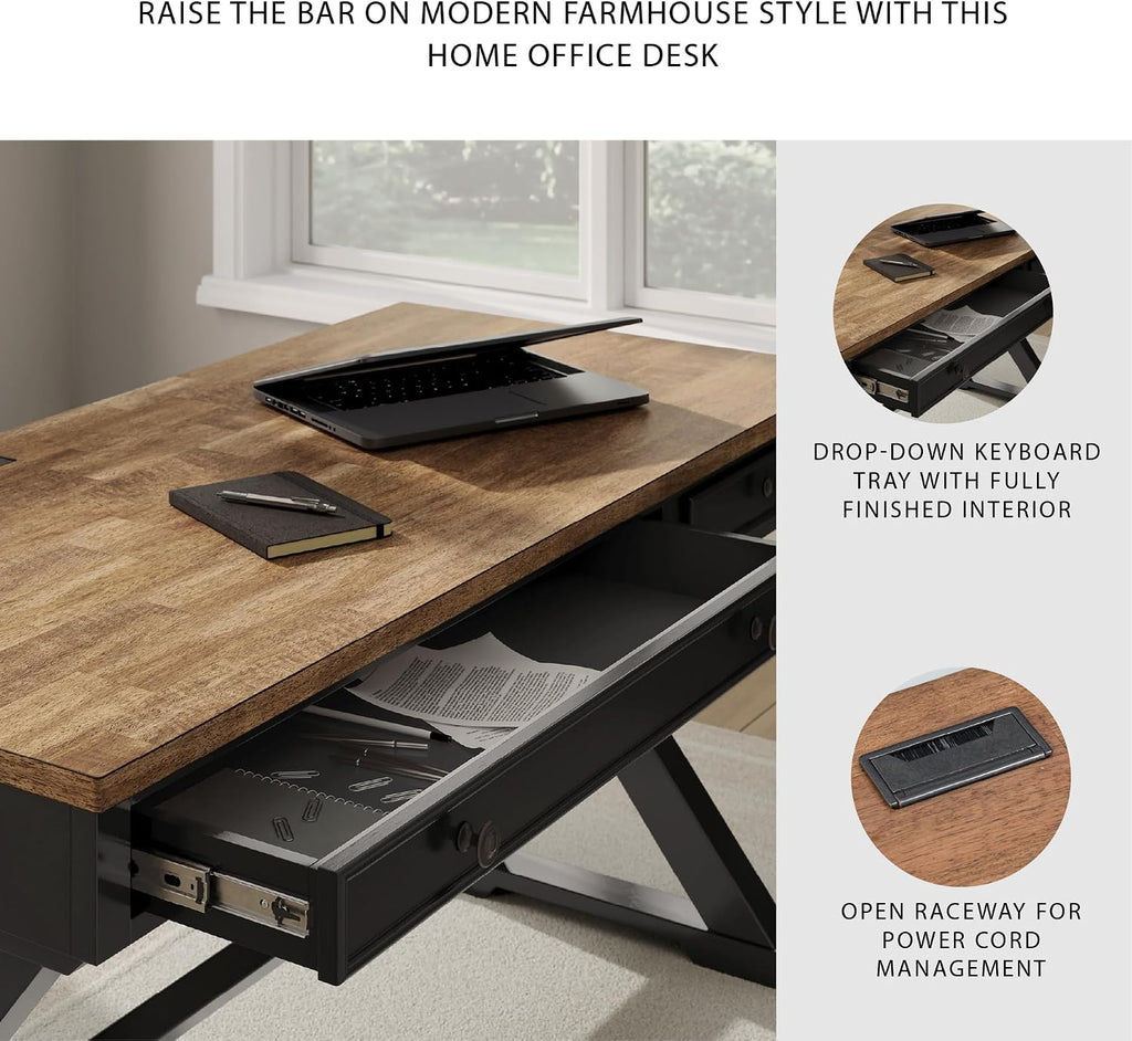 Signature Design by Ashley Wildenauer Farmhouse 1-Drawer 60' Home Office Desk with Keyboard Tray, Cord Management and Trestle Base, Dark Brown & Black