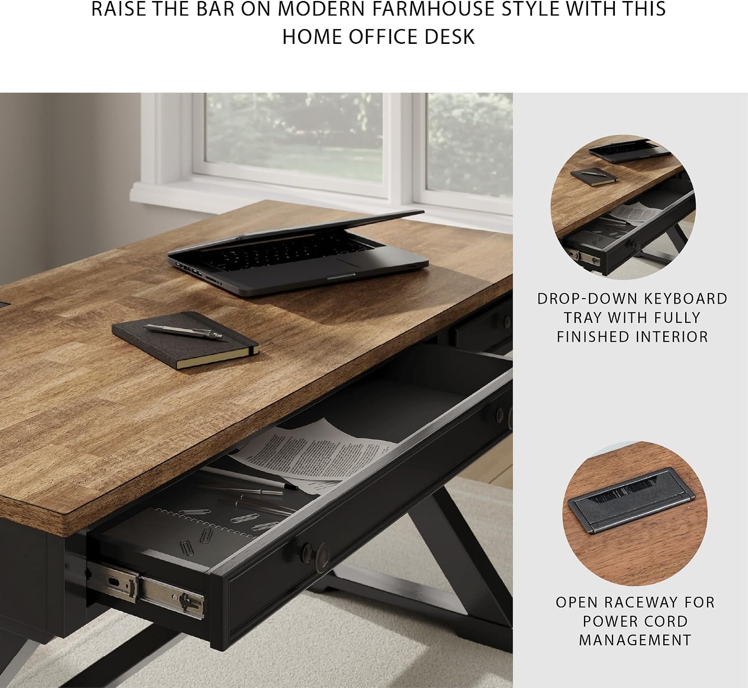 Signature Design by Ashley Wildenauer Farmhouse 1-Drawer 60' Home Office Desk with Keyboard Tray, Cord Management and Trestle Base, Dark Brown & Black