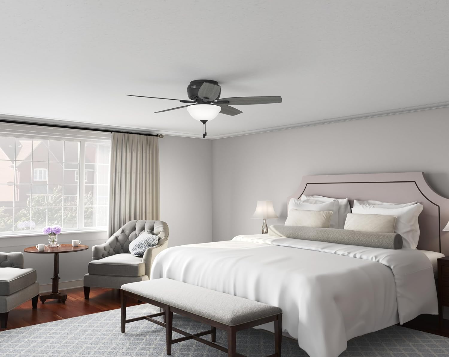 Hunter 52 inch Indoor Ceiling Fan with LED Light - Black Ceiling Fan with Pull Chain, For Bedroom or Living Room, Low Profile Flush Mount, 5 Blades, Includes Bulbs - Newsome 52396, Matte Black