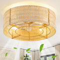Caged Ceiling Fans with Light,Rattan Flush Mount Ceiling Fan with Light and Remote Control, Boho Fandelier Ceiling Fan 6 Speeds for Bedroom, Living Room, Kitchen, Nursery, Porch