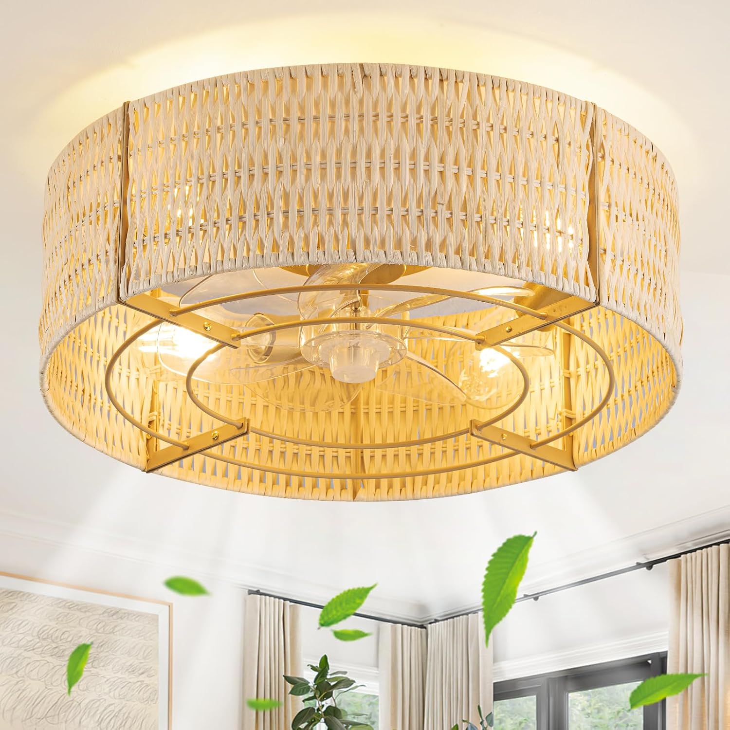 Caged Ceiling Fans with Light,Rattan Flush Mount Ceiling Fan with Light and Remote Control, Boho Fandelier Ceiling Fan 6 Speeds for Bedroom, Living Room, Kitchen, Nursery, Porch