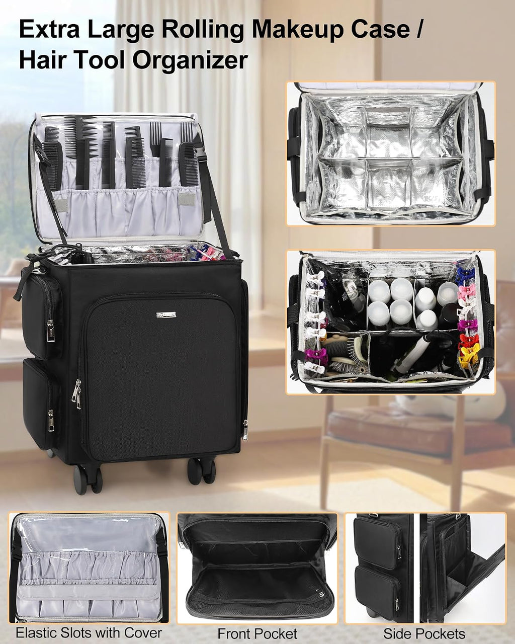 Relavel Rolling Makeup Case, 2 in 1 Hairstylist Traveling Bag Cosmetology Case on Wheels Large Hair Tools Cosmetics Train Case Makeup Artist Storage Organizer Trolley Suitcase with 360° Swivel Wheels