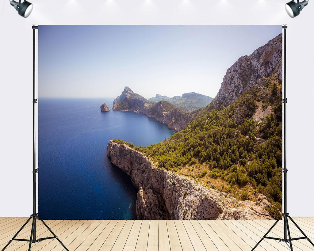 Trykid 20x10ft Cliff Coast Sea Backdrop Rugged Terrain Clear Skies Mediterranean Green Hills Rock Photography Background Travel Adventure Tapestry Party Decoration Photo Booth Prop Fabric