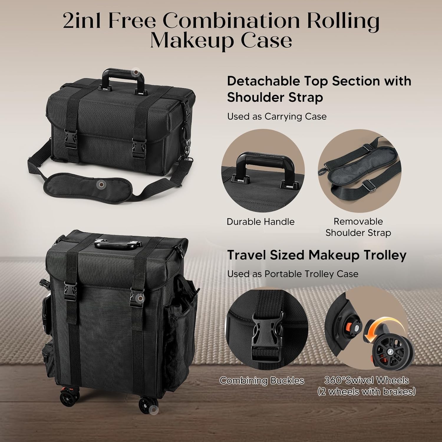 Costravio Travel Makeup Bag, Cosmetology Case on Wheels, 2 IN 1 Hair Tool Organizer, Rolling Nail Organizer Train Case, Large Cosmetic Trolley Suitcase for MUA/Hairstyling/Home-care/Groomer, Black